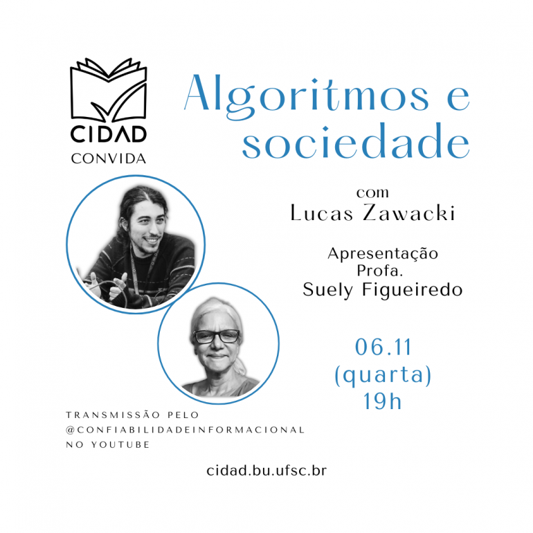 Cartaz do evento. O fundo é branco e apresenta o logotipo do CIDAD na parte superior esquerda e as informações do evento em preto ou azul. As fotos dos bustos de Lucas, homem de pele branca e cabelo comprido, e Suely, mulher de cabelos brancos e óculos, estão em preto e branco na parte central esquerda do cartaz.