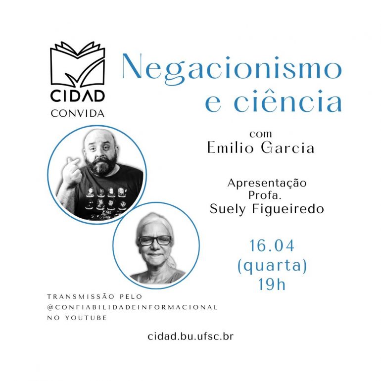 Cartaz do evento. O fundo é branco e apresenta o logotipo do CIDAD na parte superior esquerda e as informações do evento em preto ou azul. As fotos de Emilio, homem de pele branca, com barba e sem cabelo, e Suely, mulher de cabelos brancos e óculos, estão em preto e branco na parte central esquerda do cartaz.